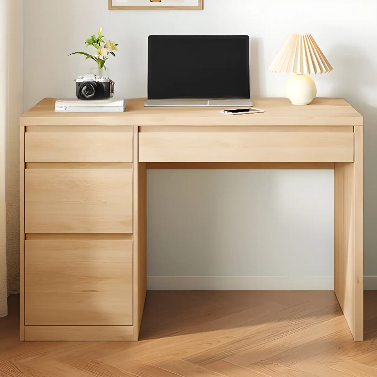 White Wooden Rectangular Single Desk with Drawers Image - 5