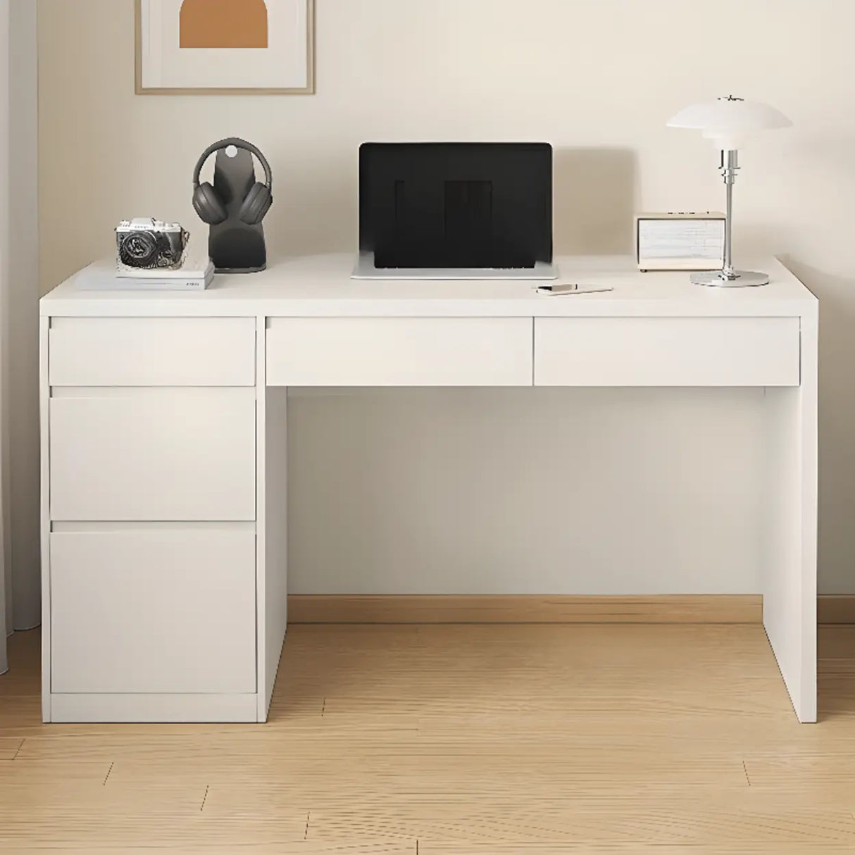 White Wooden Rectangular Single Desk with Drawers Image - 7