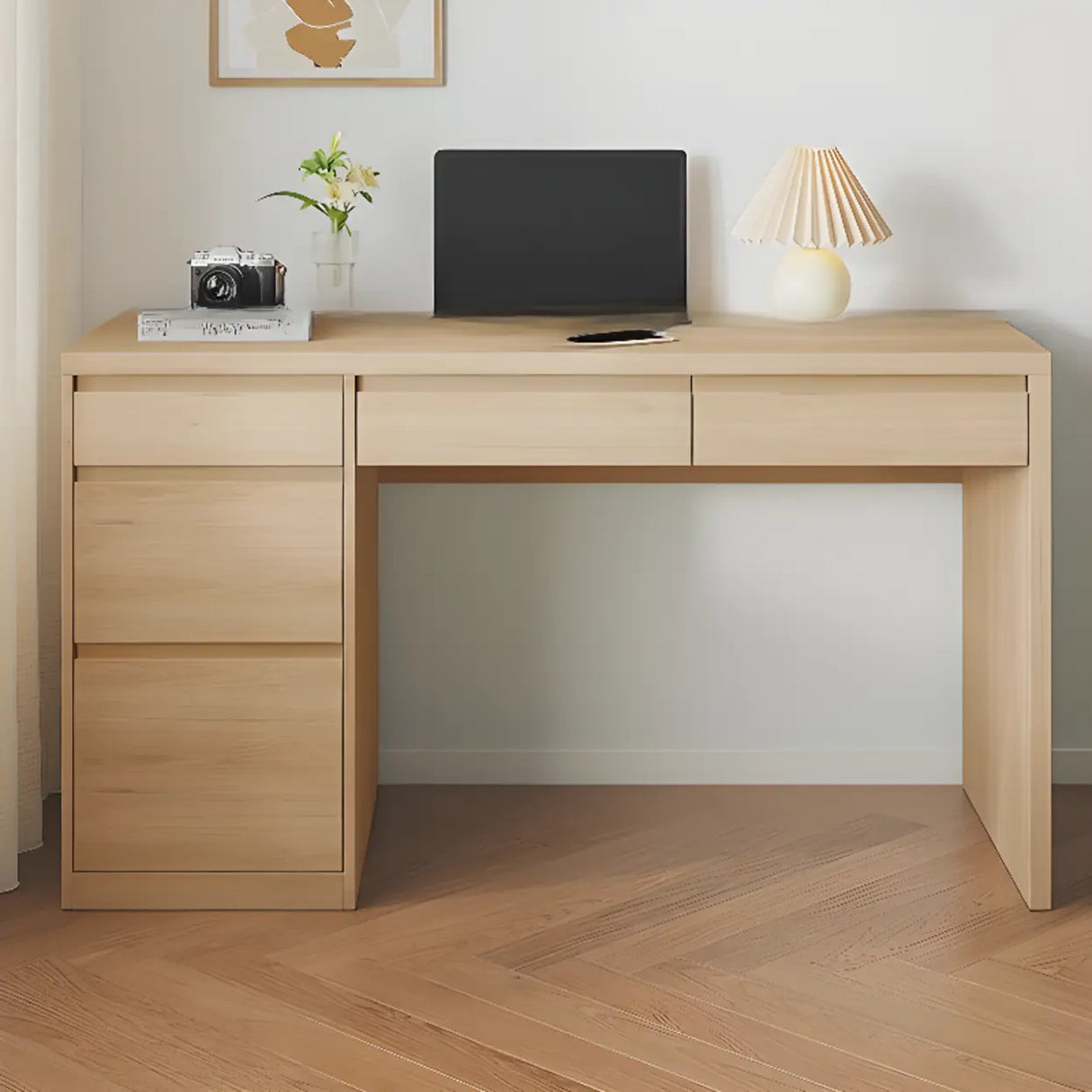 White Wooden Rectangular Single Desk with Drawers Image - 9