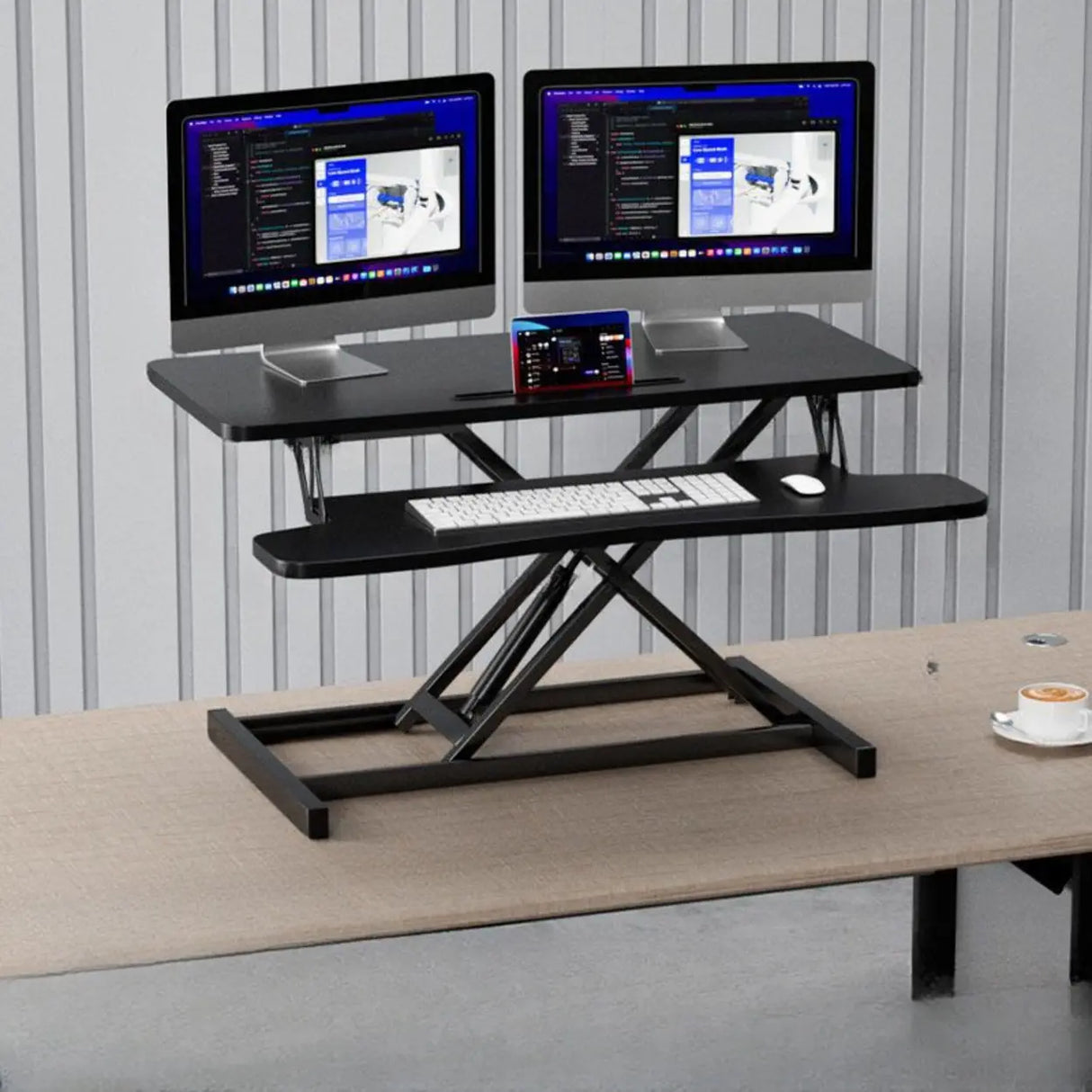 White Wooden Small Adjustable Standing Desk Converter Image - 13