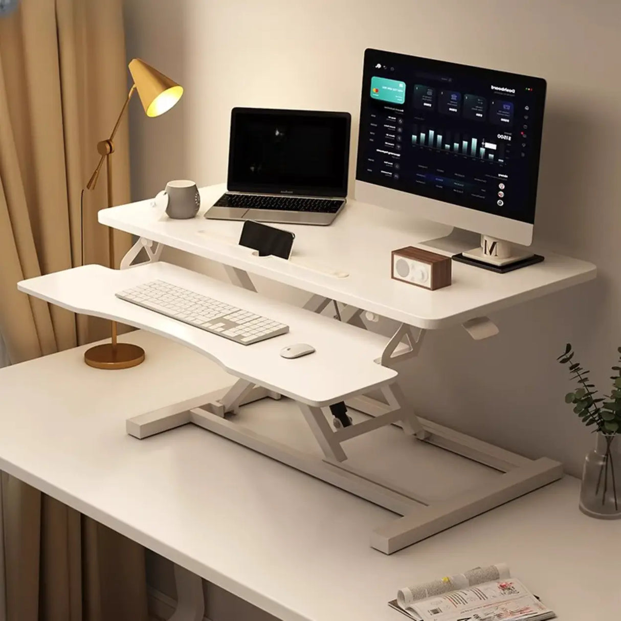White Wooden Small Adjustable Standing Desk Converter Image - 1