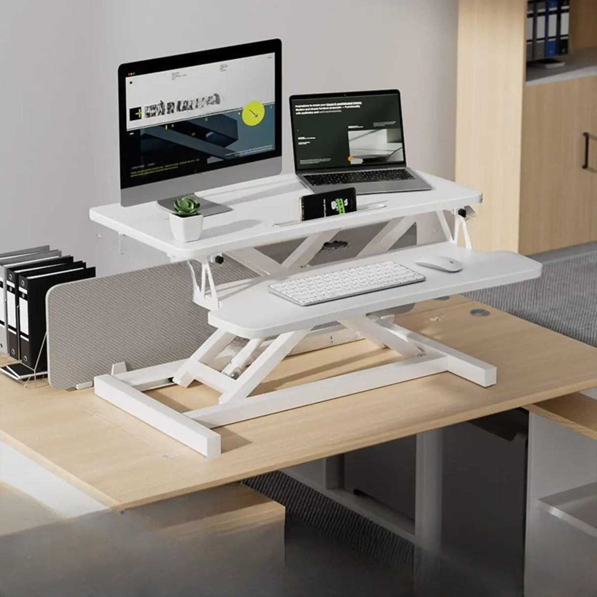 White Wooden Small Adjustable Standing Desk Converter Image - 2