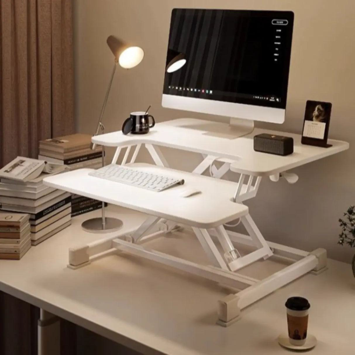 White Wooden Small Adjustable Standing Desk Converter Image - 4