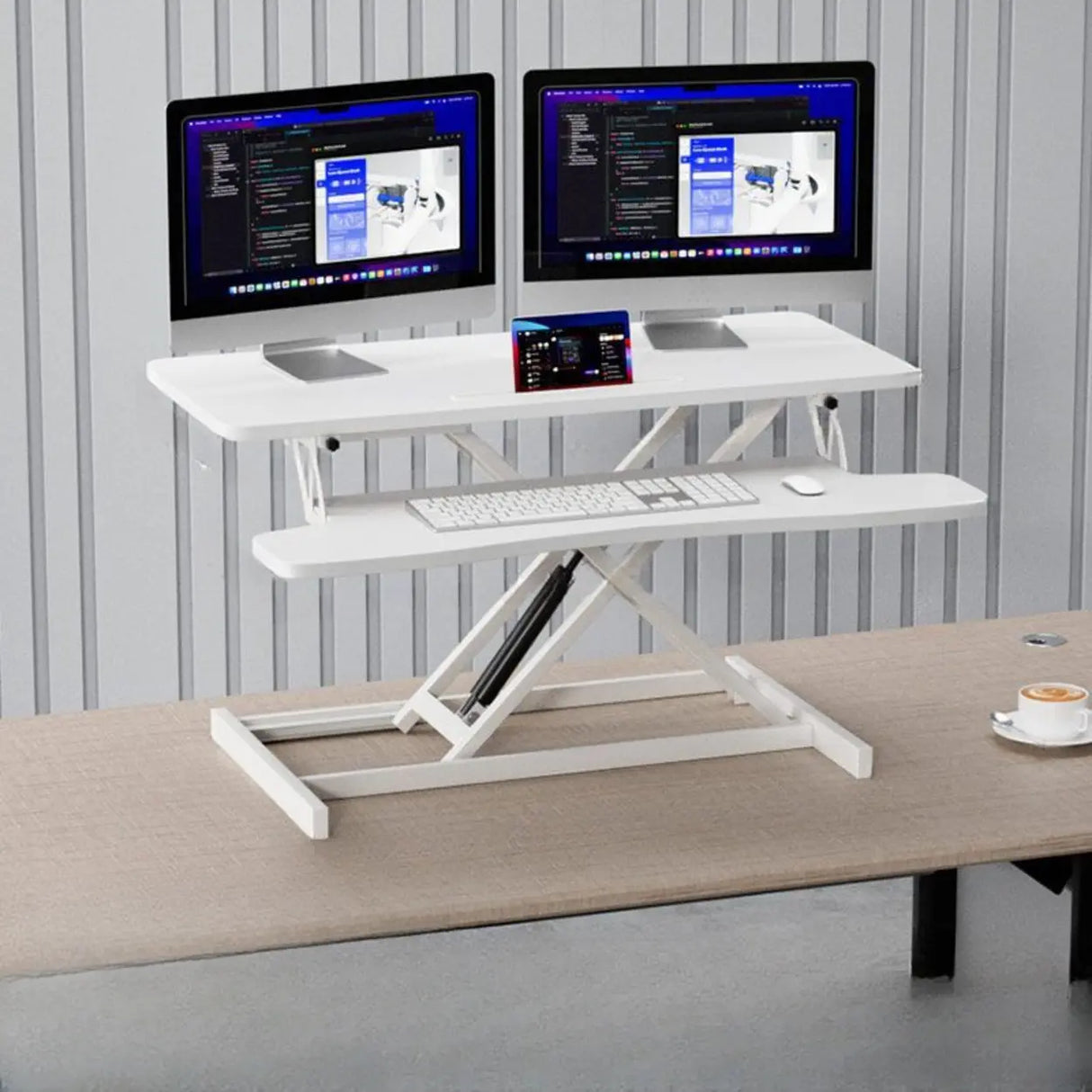 White Wooden Small Adjustable Standing Desk Converter Image - 5