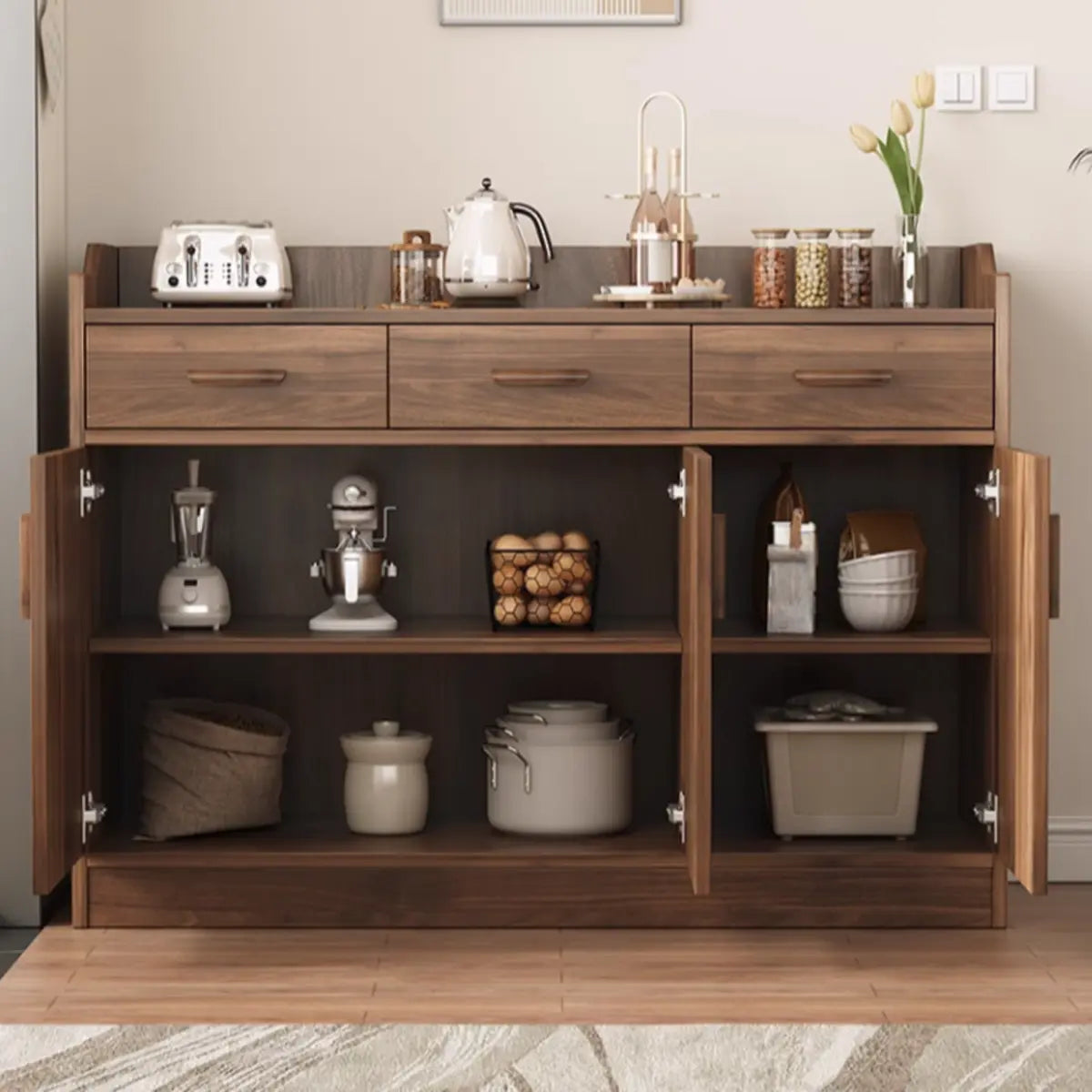 Wide Slab Wood Brown Shelves Sideboard with 3 Drawers Image - 1