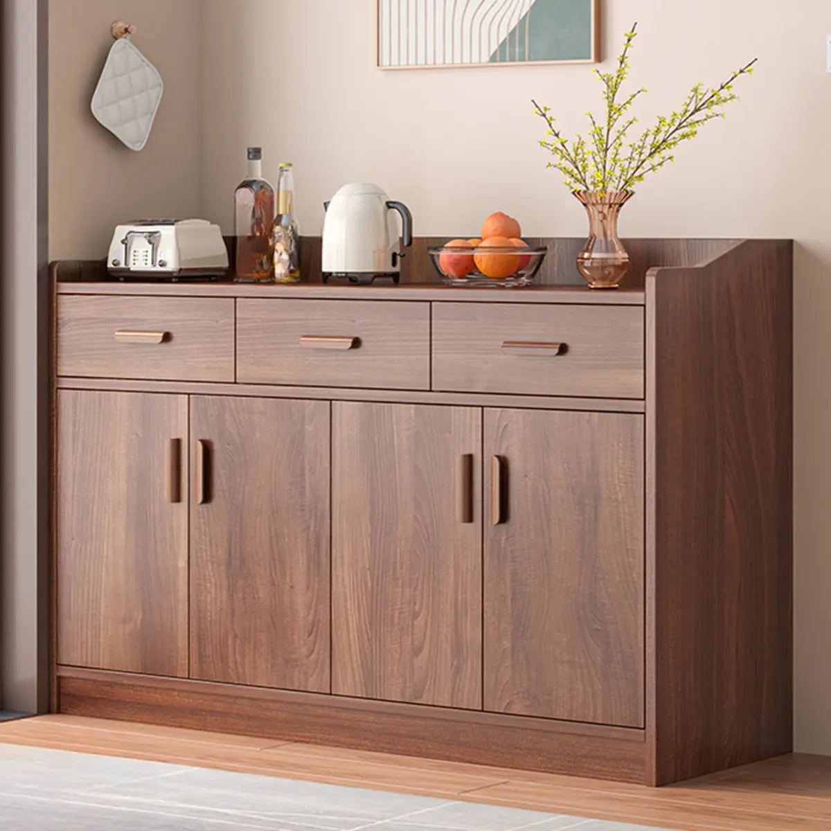 Wide Slab Wood Brown Shelves Sideboard with 3 Drawers Image - 13