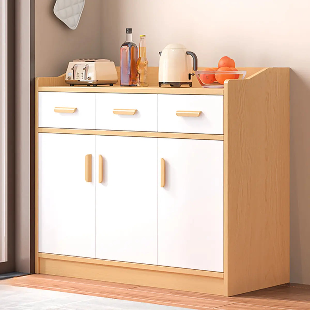 Wide Slab Wood Brown Shelves Sideboard with 3 Drawers Image - 3