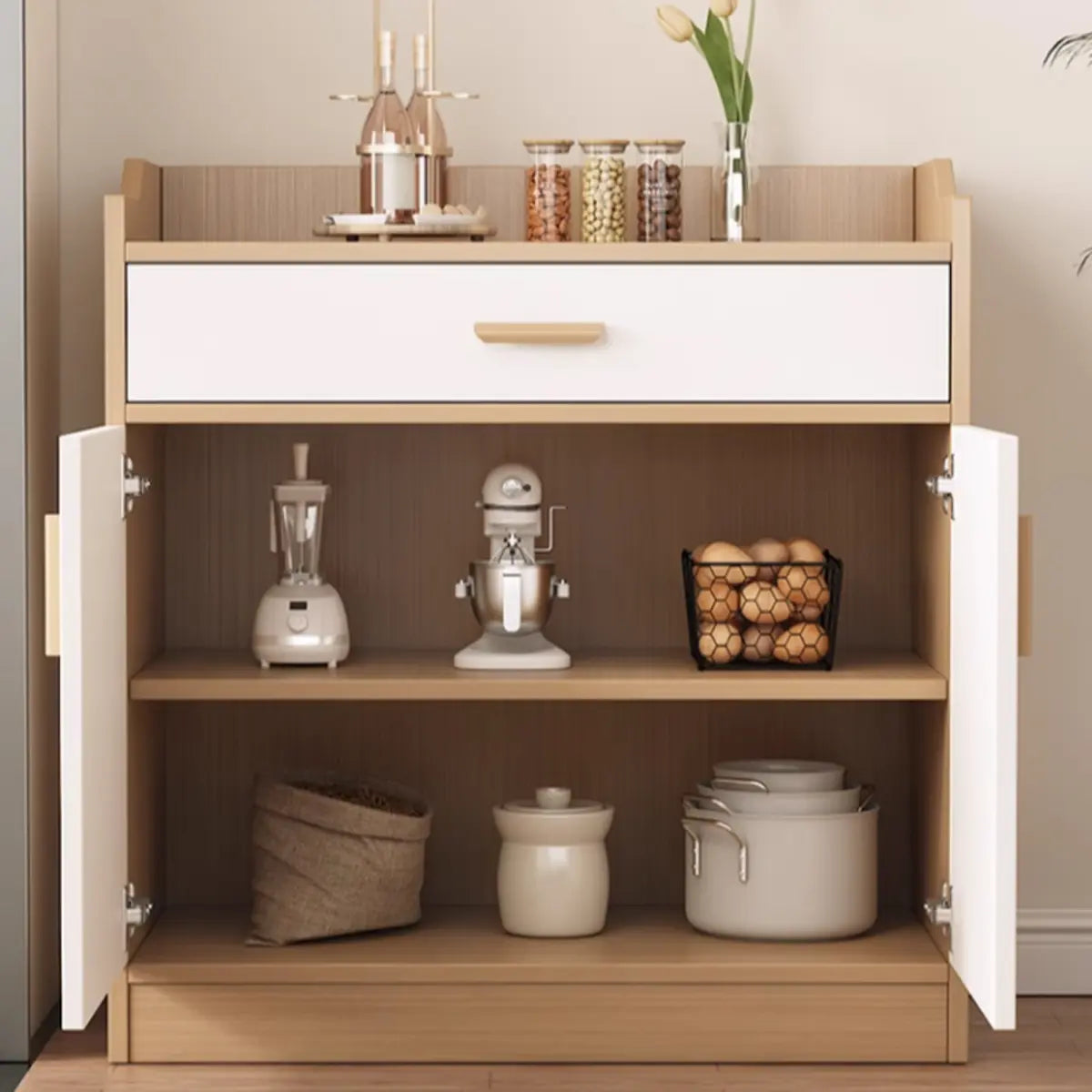 Wide Slab Wood Brown Shelves Sideboard with 3 Drawers Image - 8