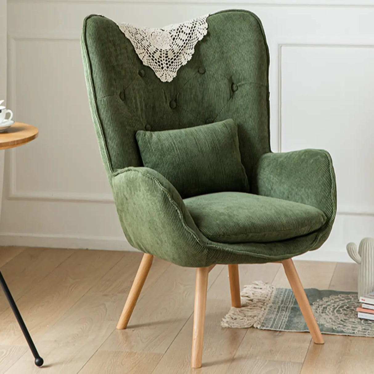 Wingback Corduroy Green Medium Cozy Accent Chair with Pillow Image - 1
