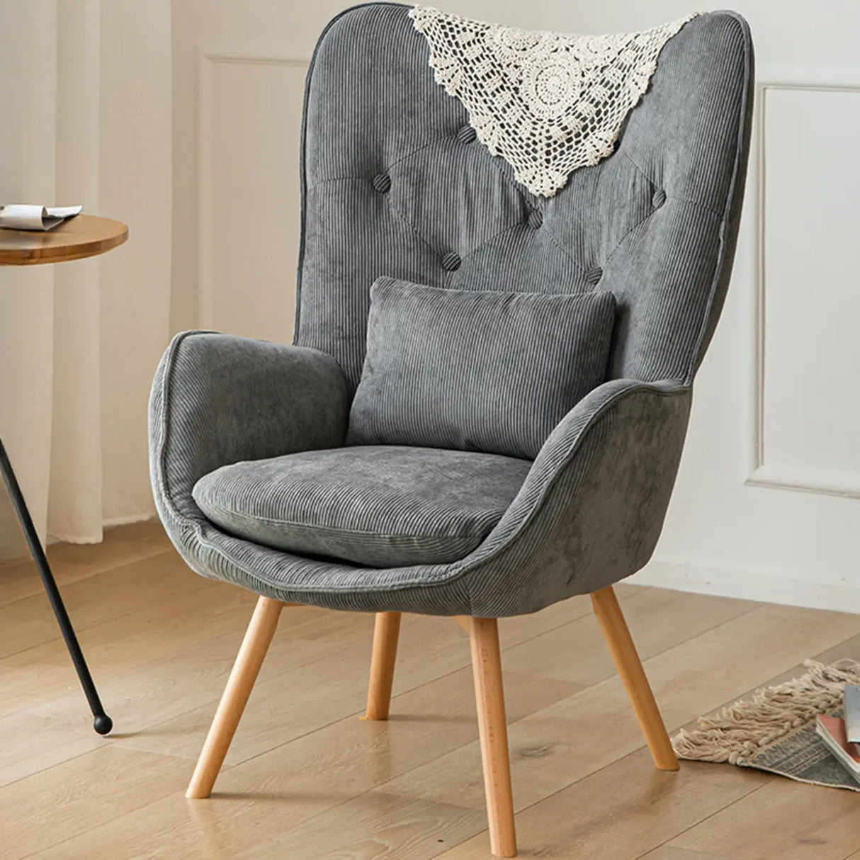 Wingback Corduroy Green Medium Cozy Accent Chair with Pillow Image - 10