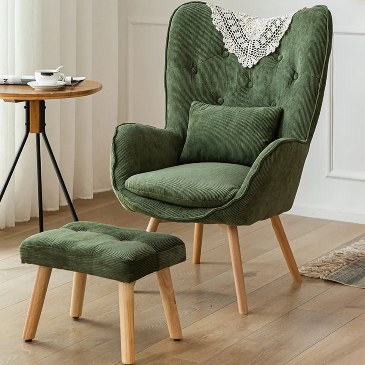 Wingback Corduroy Green Medium Cozy Accent Chair with Pillow Image - 11