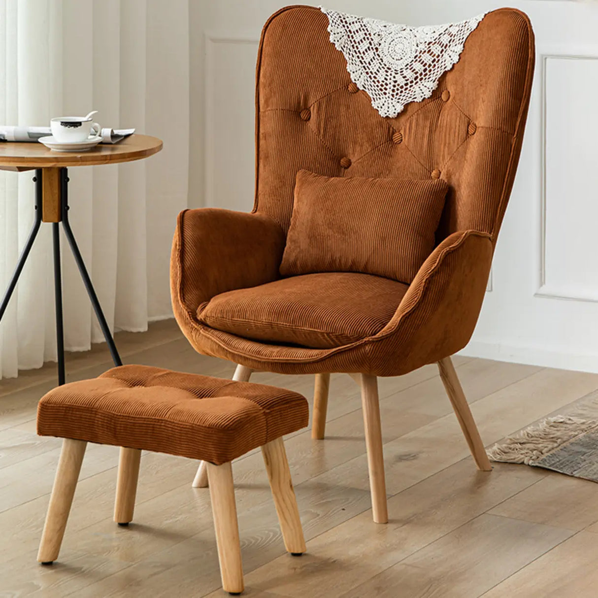 Wingback Corduroy Green Medium Cozy Accent Chair with Pillow Image - 13