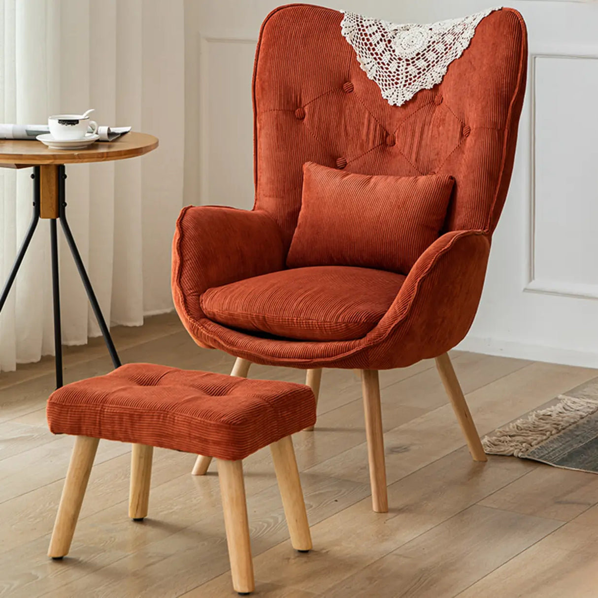 Wingback Corduroy Green Medium Cozy Accent Chair with Pillow Image - 16