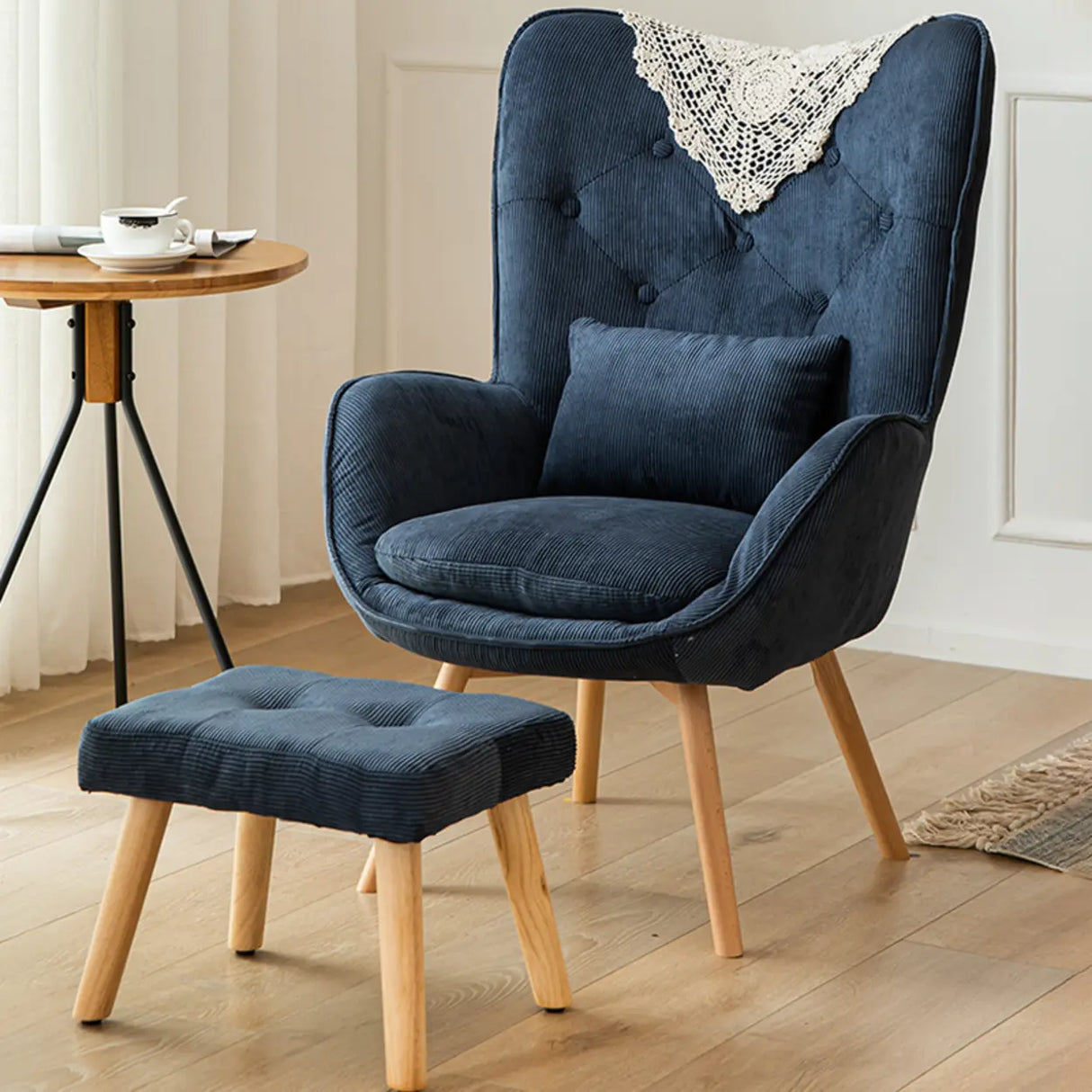 Wingback Corduroy Green Medium Cozy Accent Chair with Pillow Image - 17