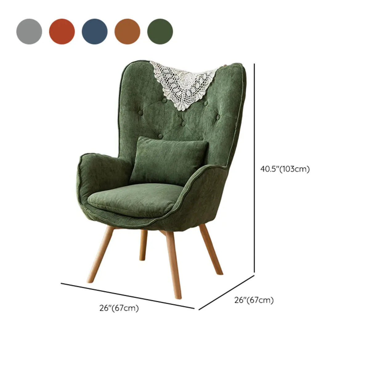 Wingback Corduroy Green Medium Cozy Accent Chair with Pillow