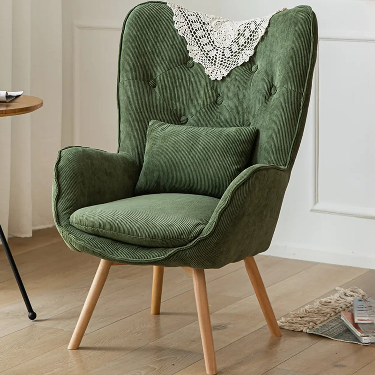 Wingback Corduroy Green Medium Cozy Accent Chair with Pillow Image - 2