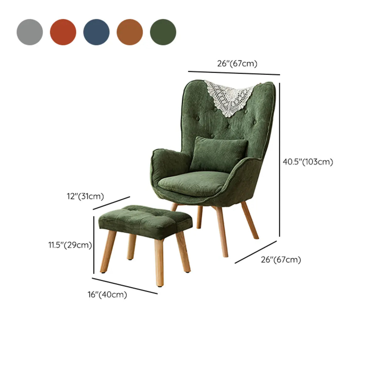 Wingback Corduroy Green Medium Cozy Accent Chair with Pillow Image - 20