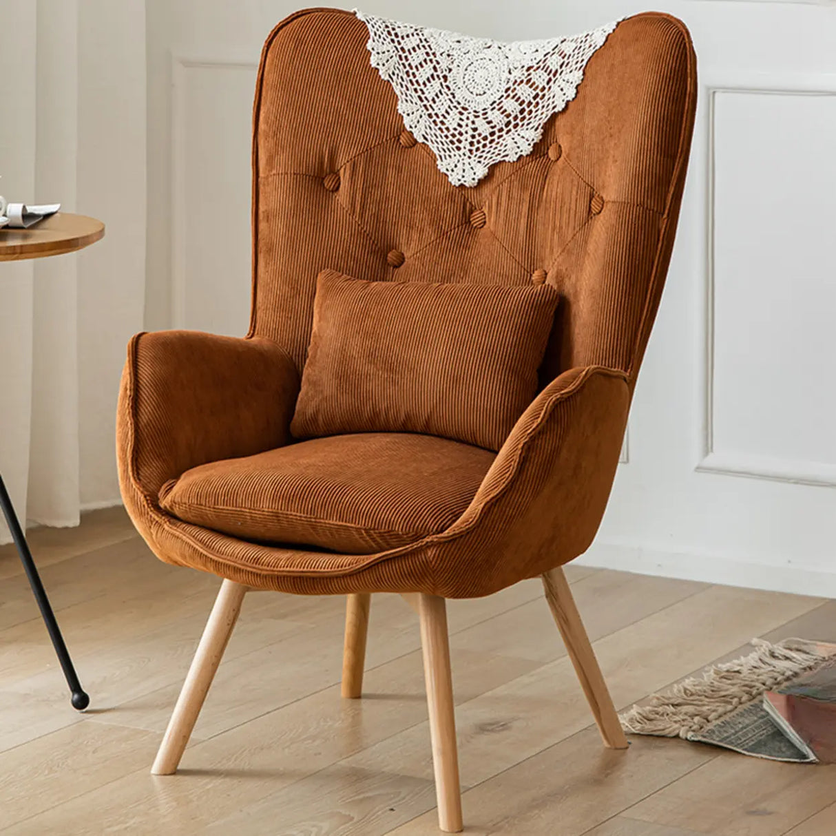 Wingback Corduroy Green Medium Cozy Accent Chair with Pillow Image - 3