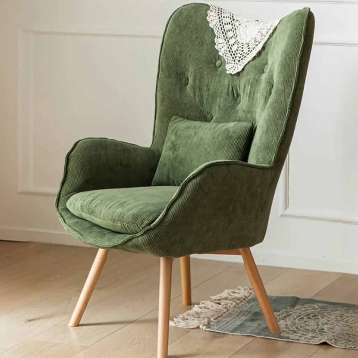 Wingback Corduroy Green Medium Cozy Accent Chair with Pillow Image - 4