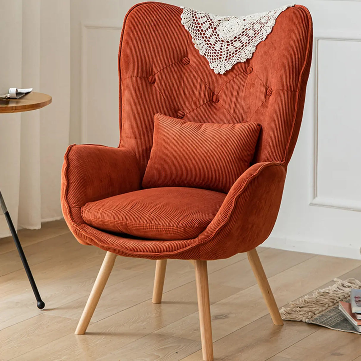 Wingback Corduroy Green Medium Cozy Accent Chair with Pillow Image - 5