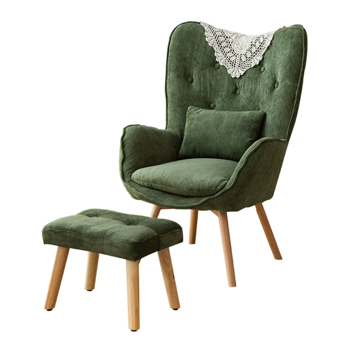 Wingback Corduroy Green Medium Cozy Accent Chair with Pillow Image - 6