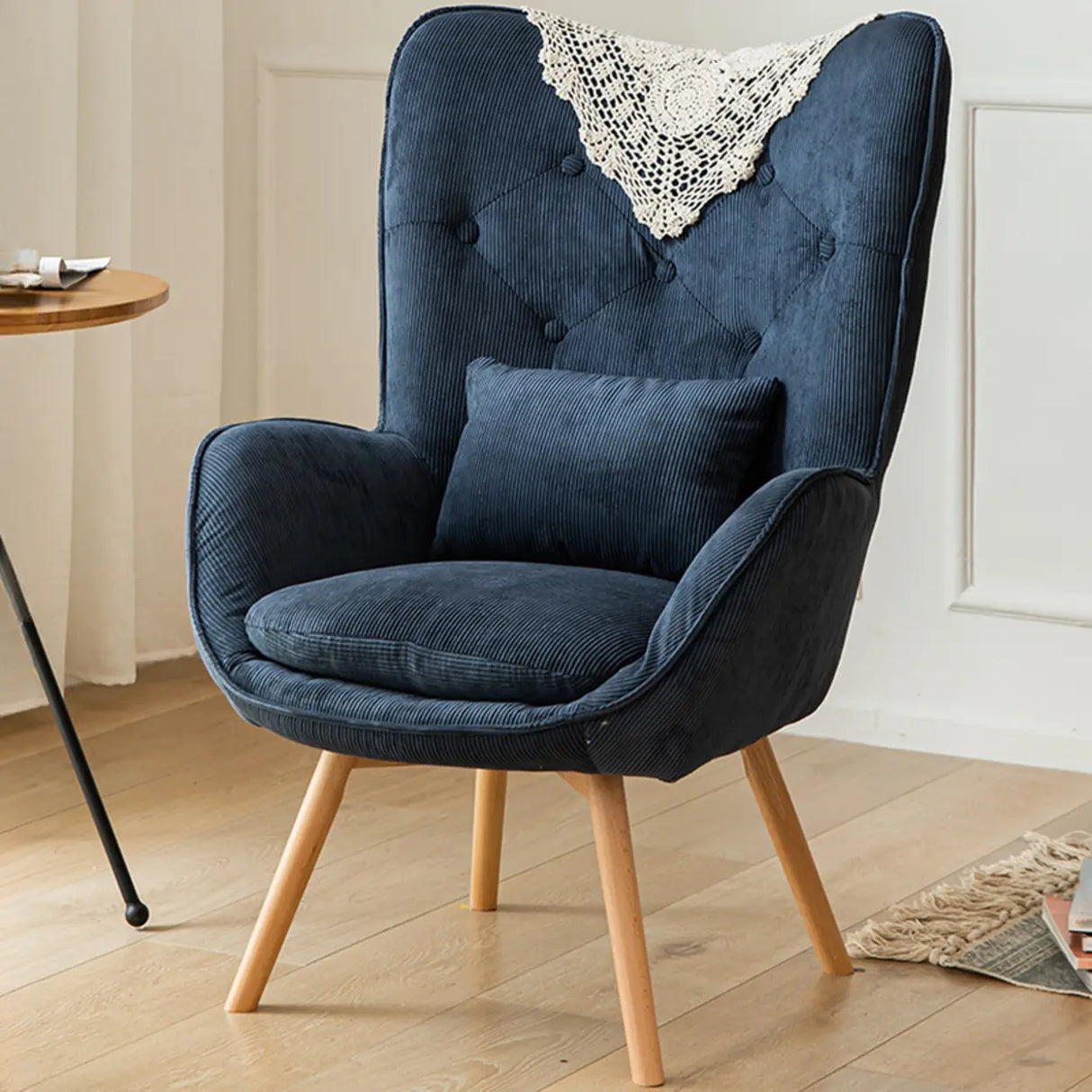 Wingback Corduroy Green Medium Cozy Accent Chair with Pillow Image - 7