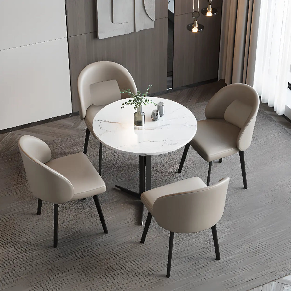 Wingback Leather Round Upholstered Dining Chair Beige Image - 4