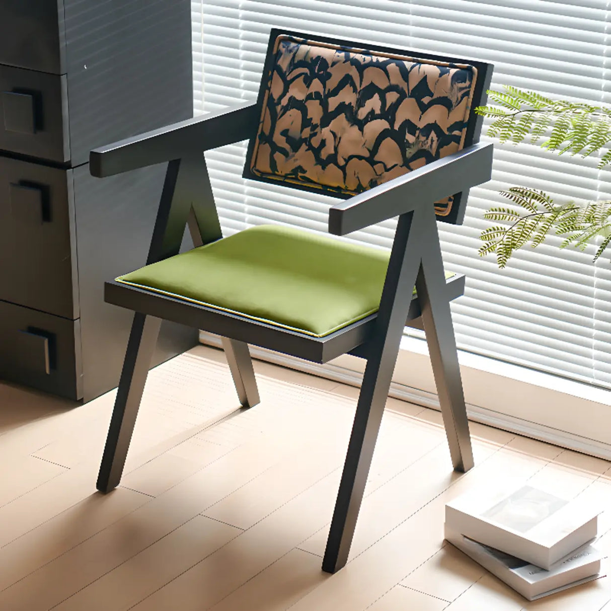 Wood Armchair Fabric Upholstered Dining Chair Green Image - 1