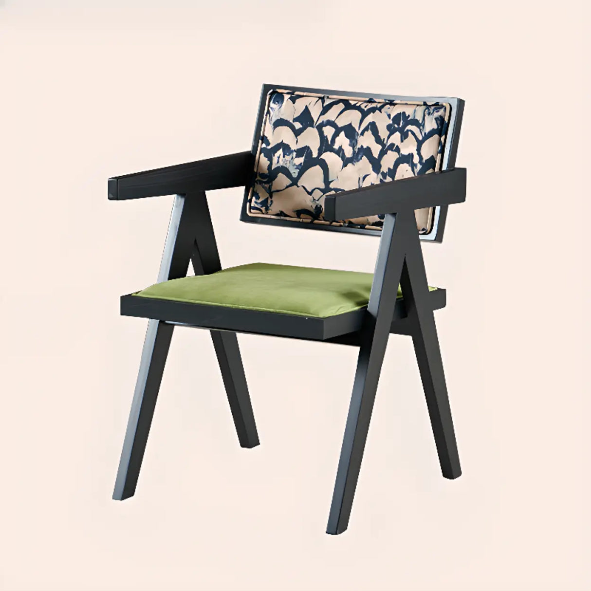 Wood Armchair Fabric Upholstered Dining Chair Green Image - 2