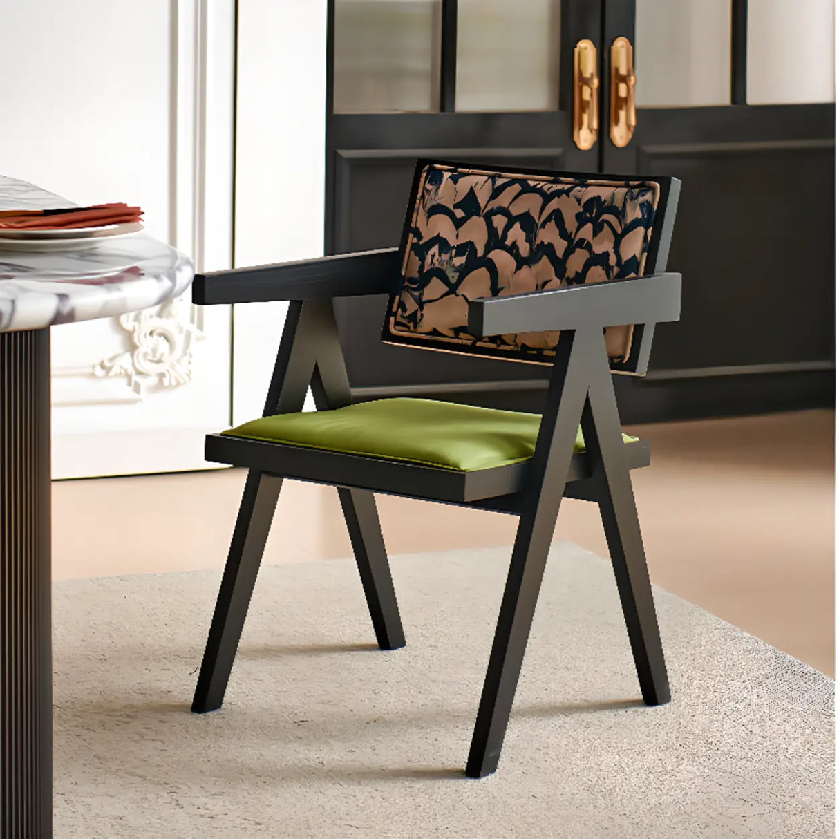 Wood Armchair Fabric Upholstered Dining Chair Green Image - 3