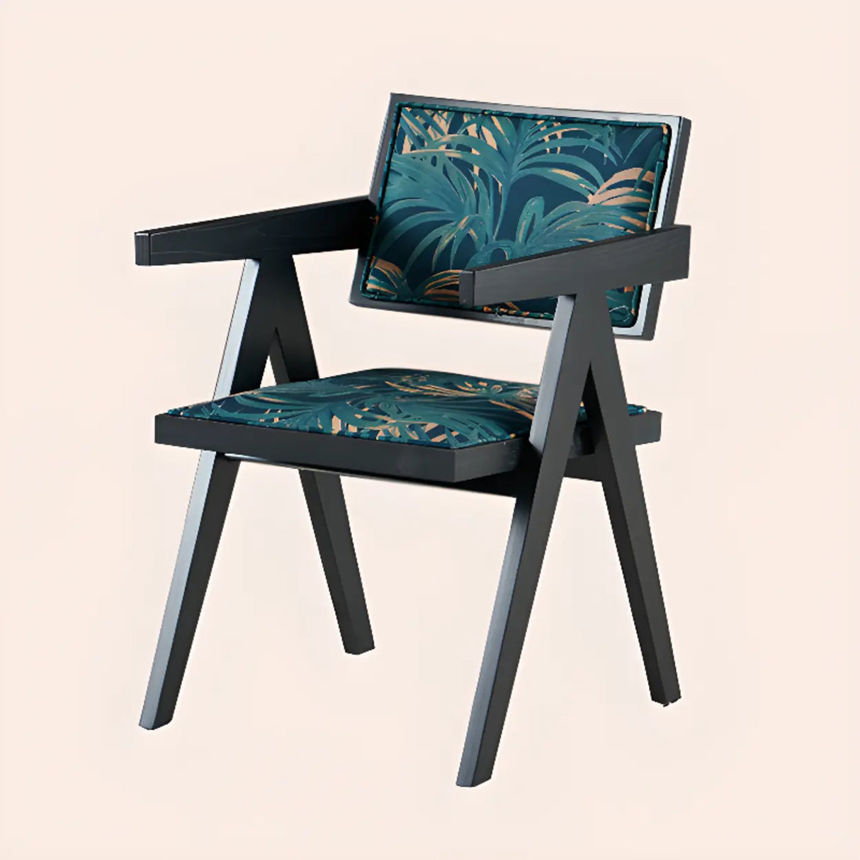 Wood Armchair Fabric Upholstered Dining Chair Green Image - 4