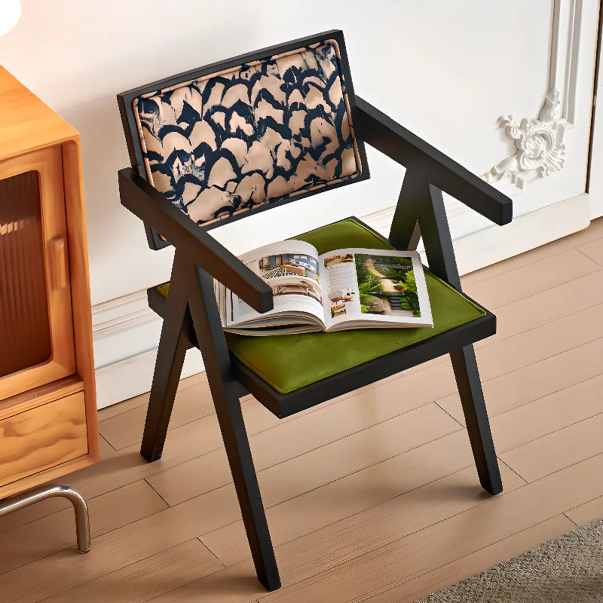 Wood Armchair Fabric Upholstered Dining Chair Green Image - 6