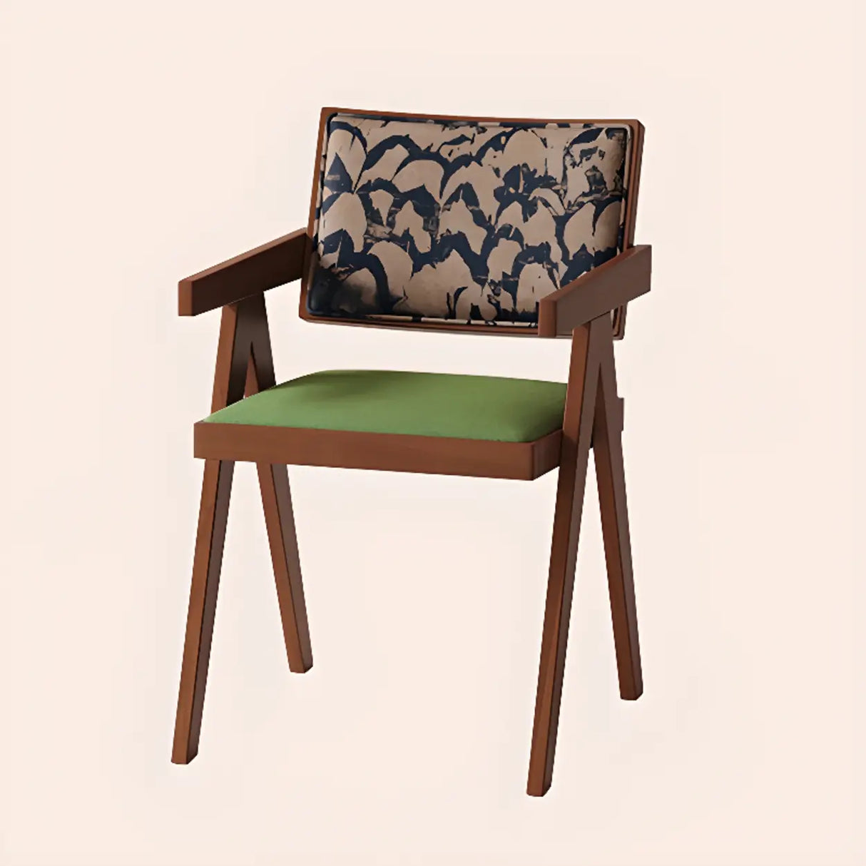 Wood Armchair Fabric Upholstered Dining Chair Green Image - 7