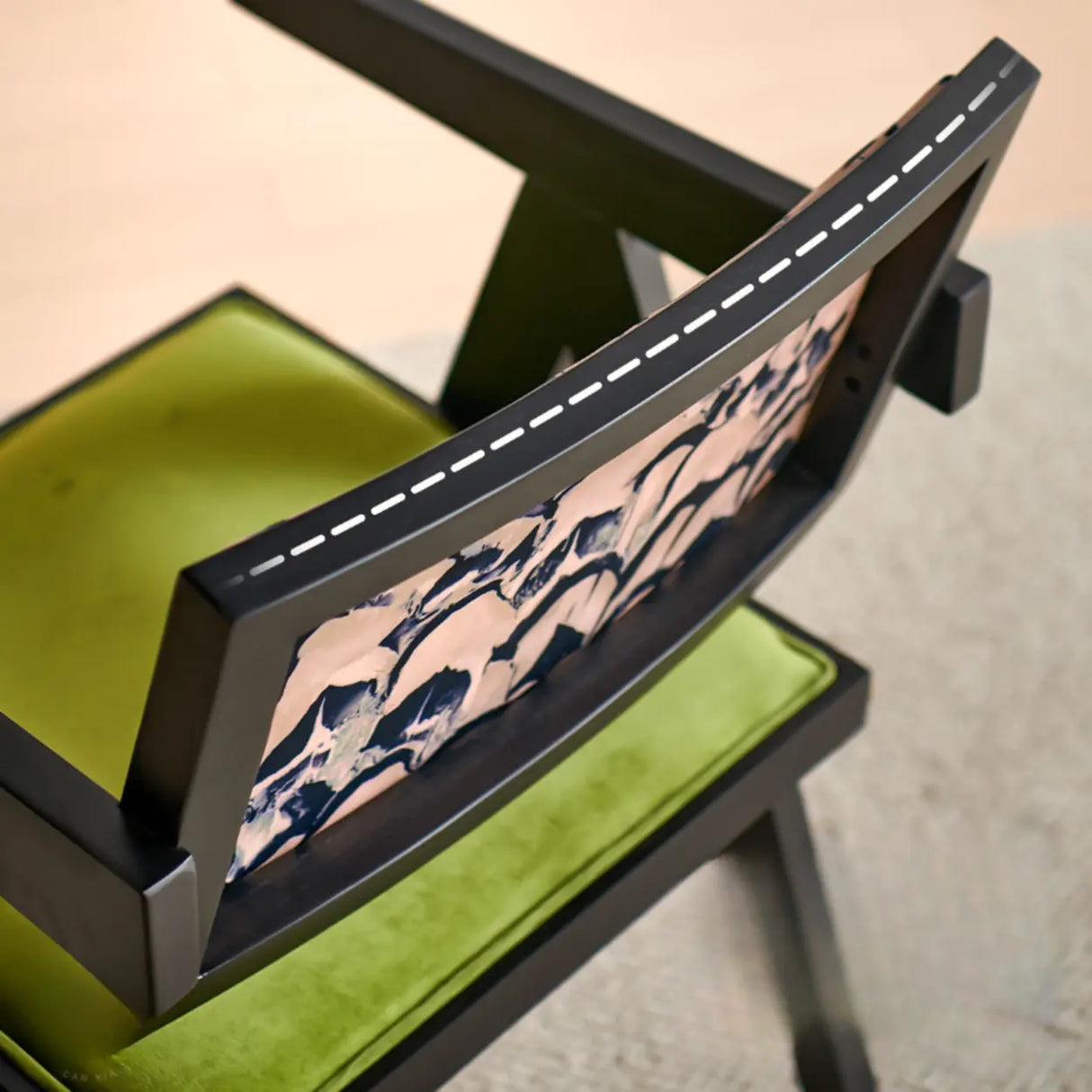 Wood Armchair Fabric Upholstered Dining Chair Green Image - 8