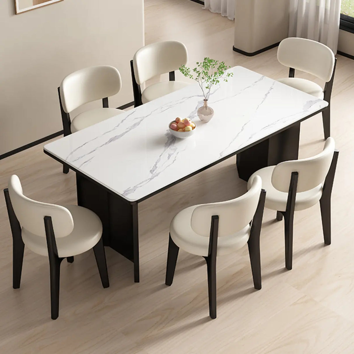 Wood Armless Faux Leather Curved Back Dining Chair Image - 6