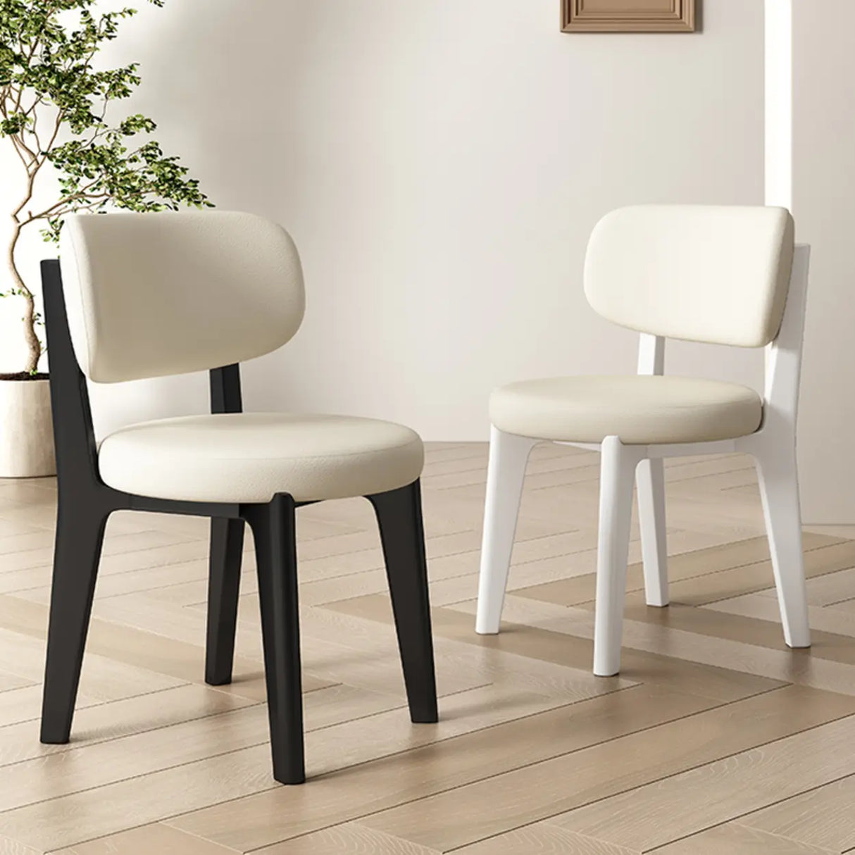 Wood Armless Faux Leather Curved Back Dining Chair Image - 1