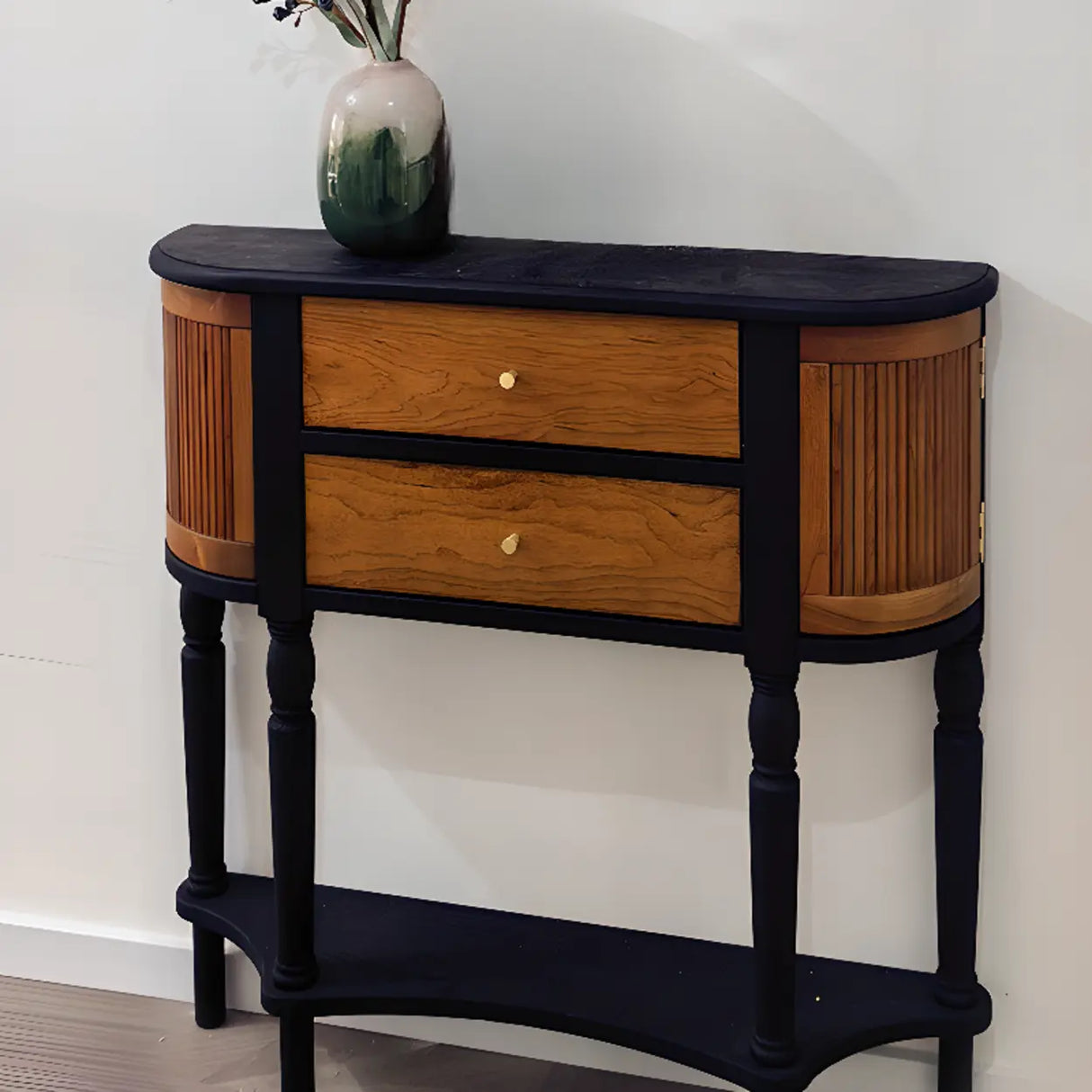 Wood Black-Brown Entry Cabinet Half Moon Console Table Image - 3