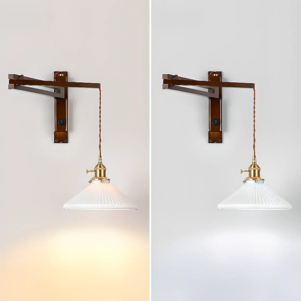Wood Cone White Ceramics Swing Arm Wall Sconce Image - 7