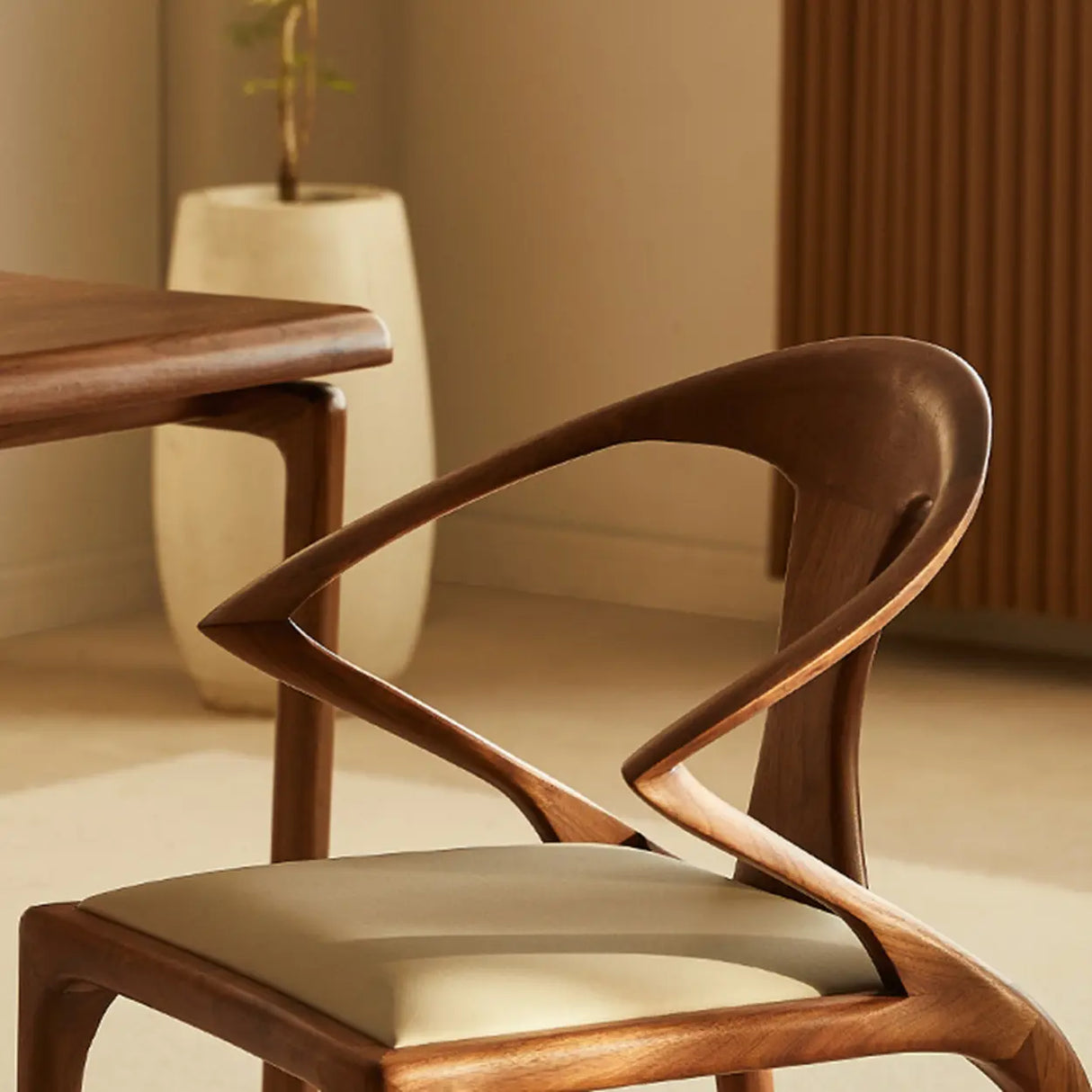 Wood Curved Open Slat Back Leather Dining Chair Brown Image - 6