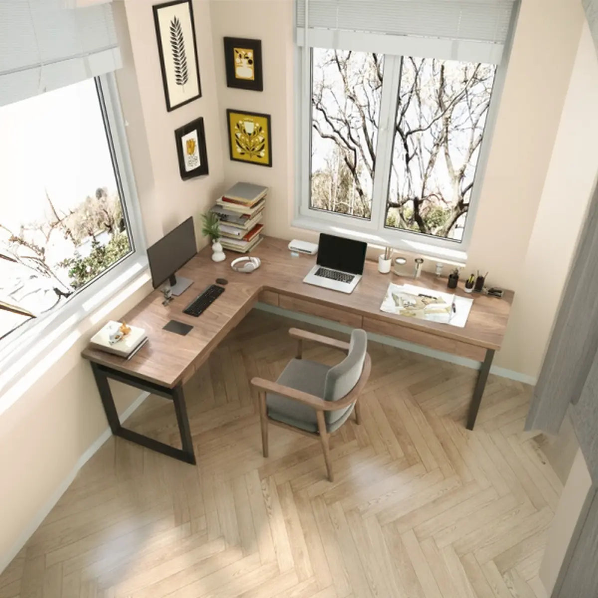 Wood Drawers L-Shape Long Butcher Block Writing Desk Image - 3