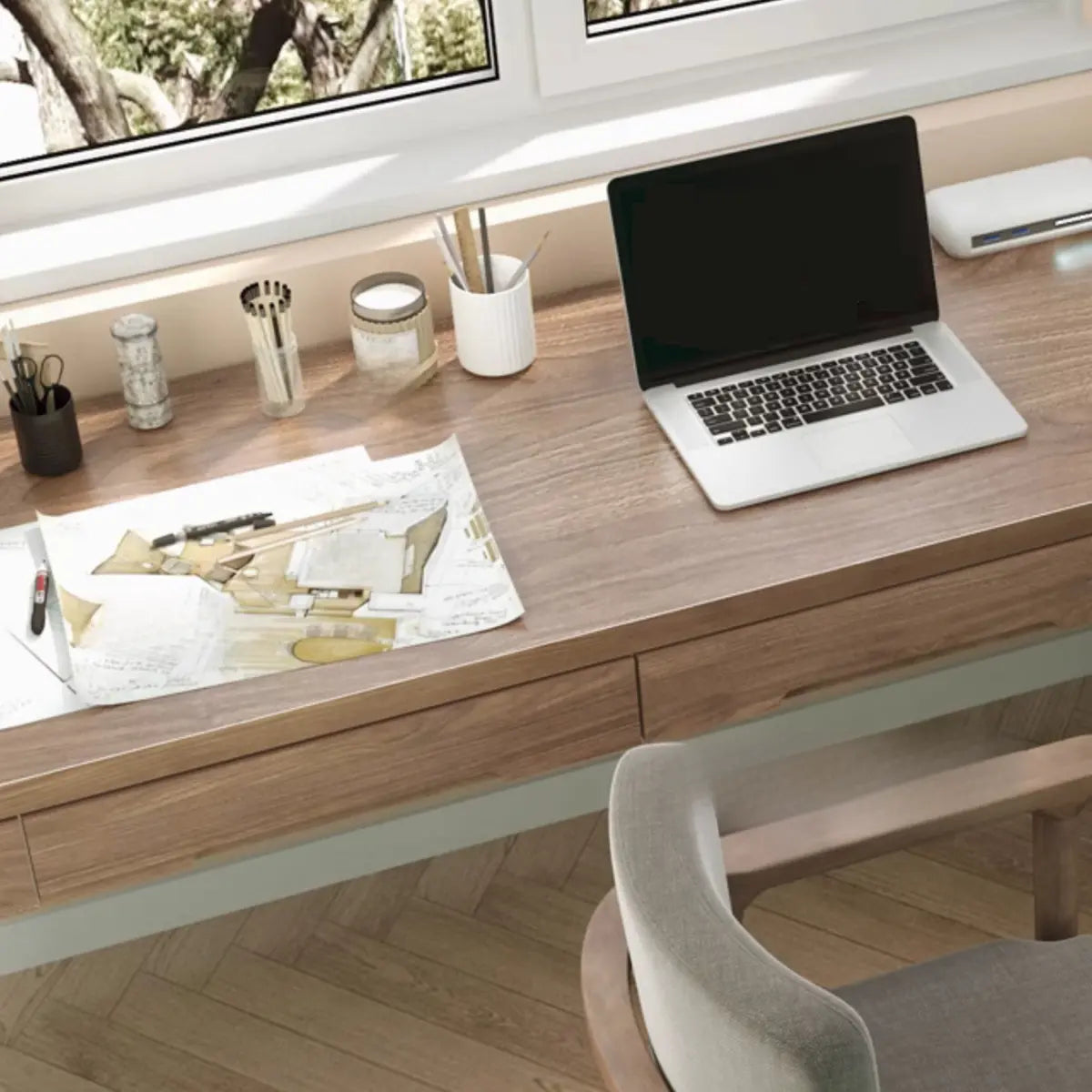 Wood Drawers L-Shape Long Butcher Block Writing Desk Image - 5