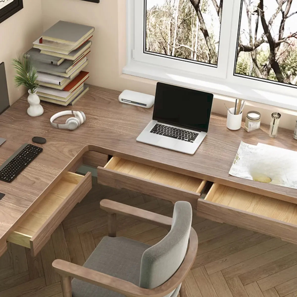 Wood Drawers L-Shape Long Butcher Block Writing Desk Image - 7