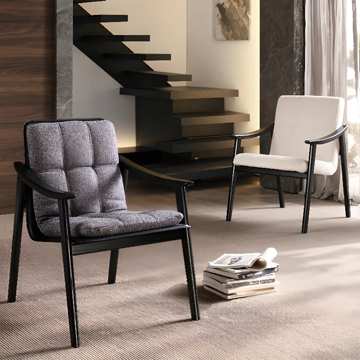 Wood Frame Armrest Cotton Parsons Dining Chair Grey Image - 1