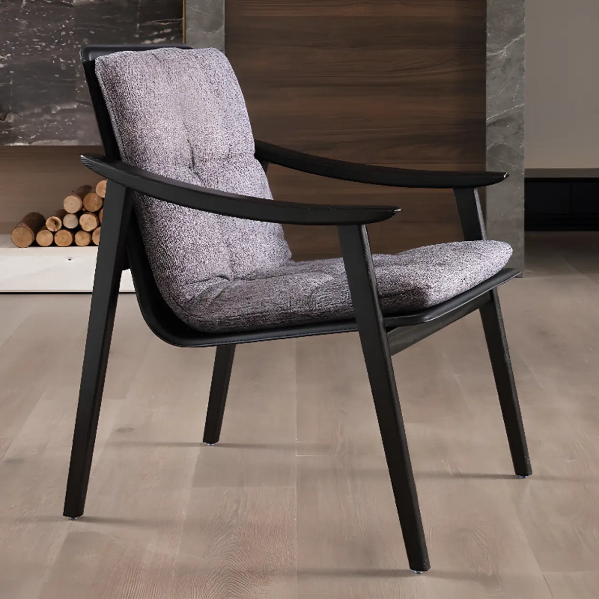 Wood Frame Armrest Cotton Parsons Dining Chair Grey Image - 6