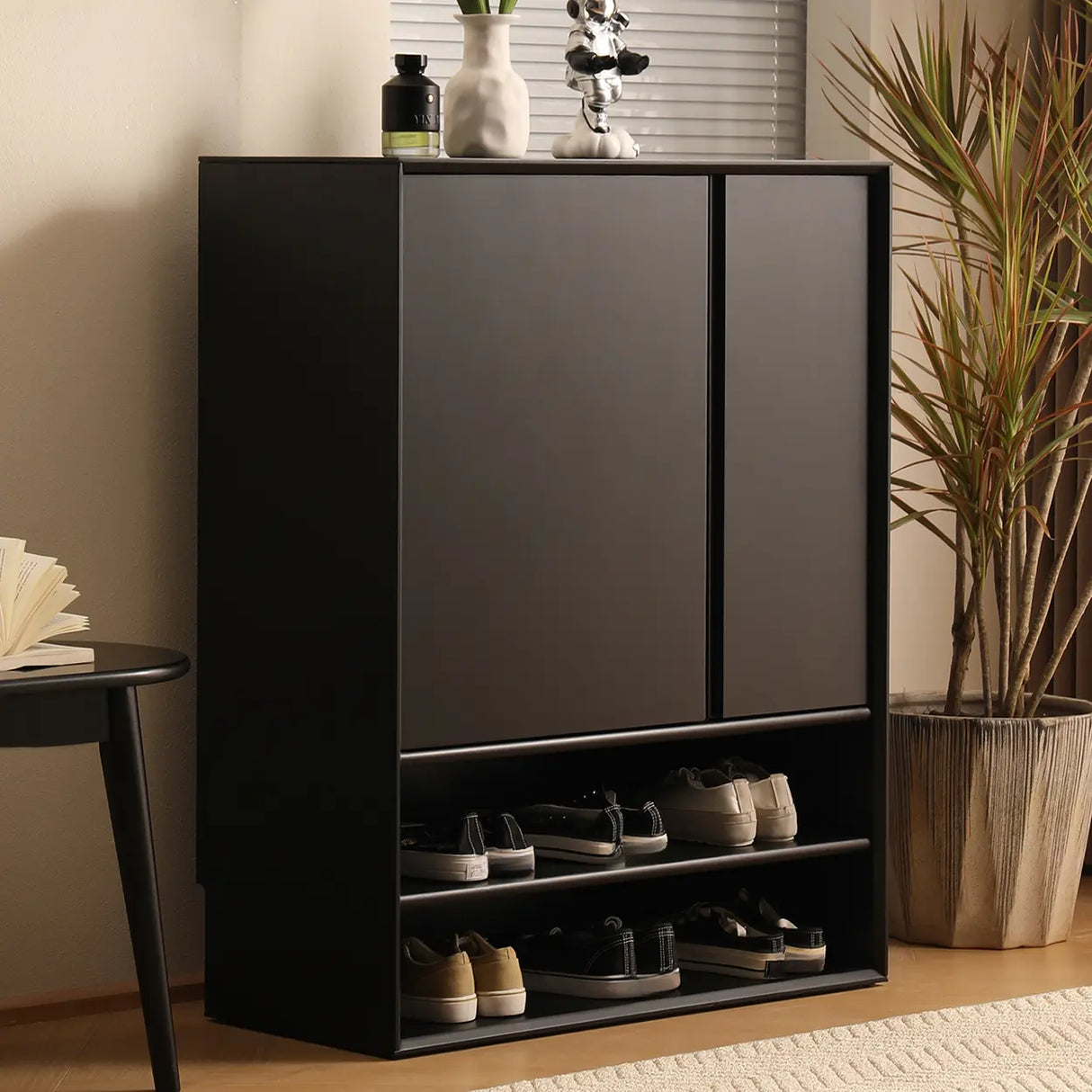 Wood Freestanding Black Cabinet Shoe Rack with Shelves Image - 1