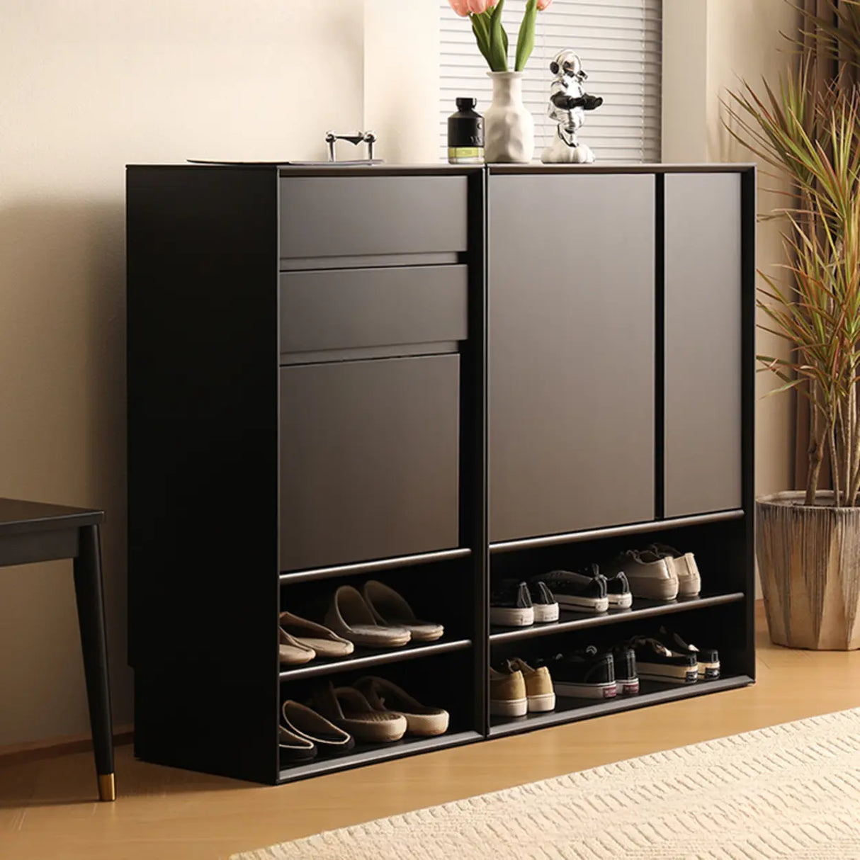 Wood Freestanding Black Cabinet Shoe Rack with Shelves Image - 3