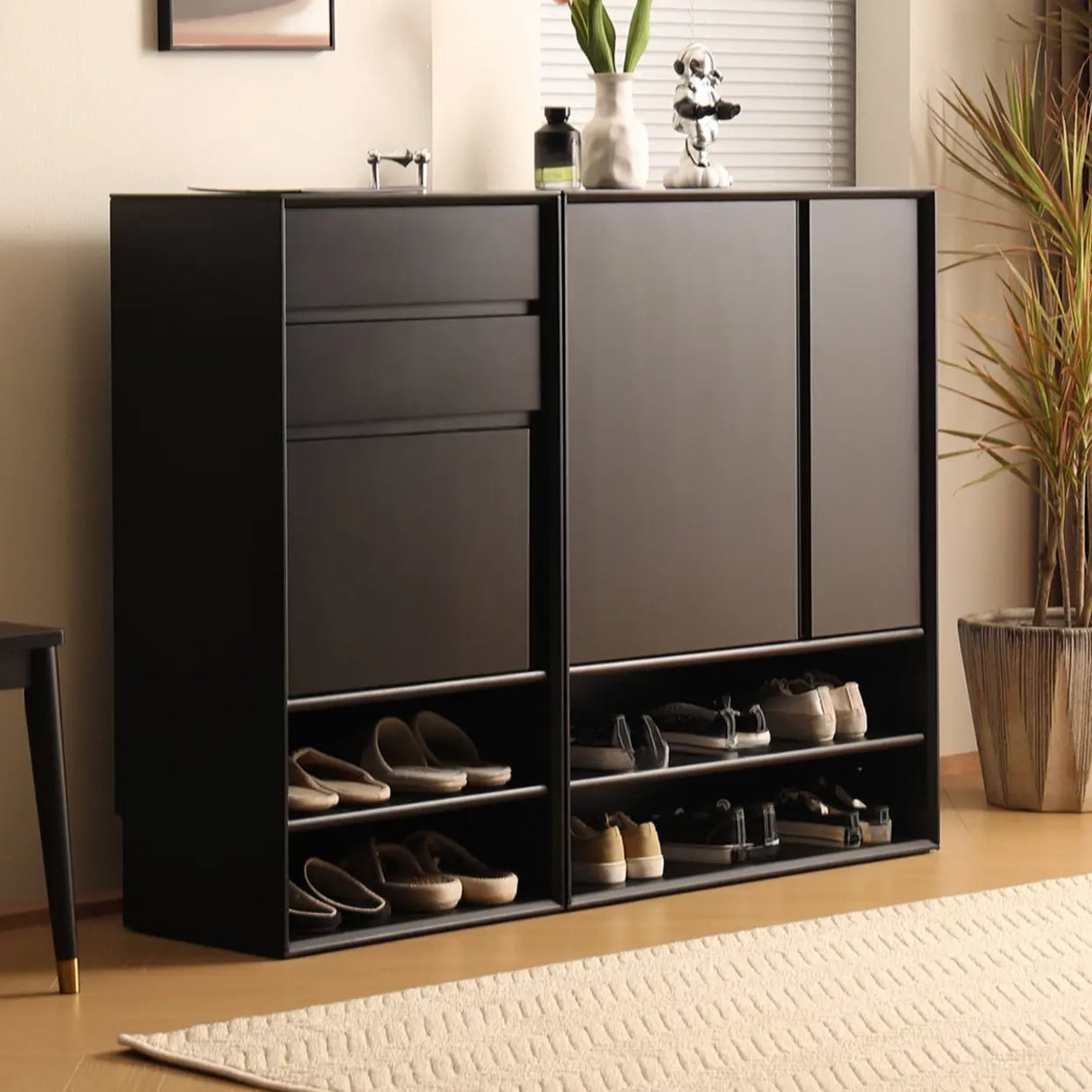 Wood Freestanding Black Cabinet Shoe Rack with Shelves Image - 5