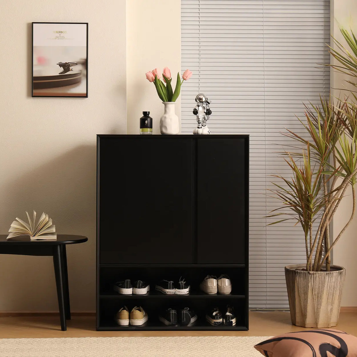 Wood Freestanding Black Cabinet Shoe Rack with Shelves Image - 8