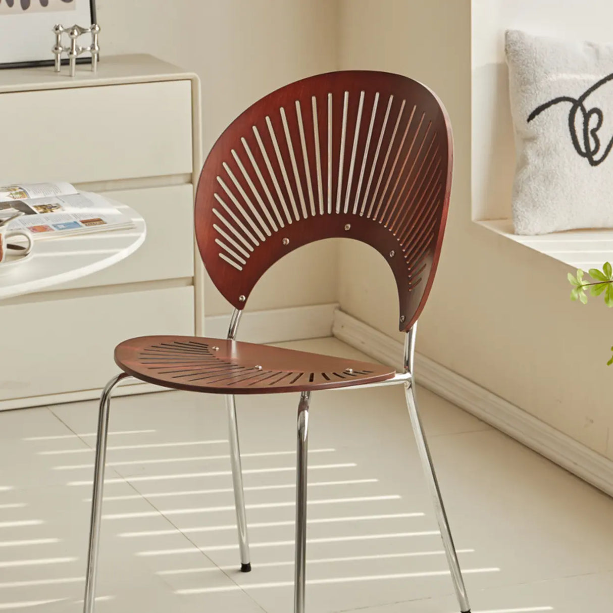 Wood Hollow Fan-Shaped Open Back Dining Chair Nut-Brown Image - 1