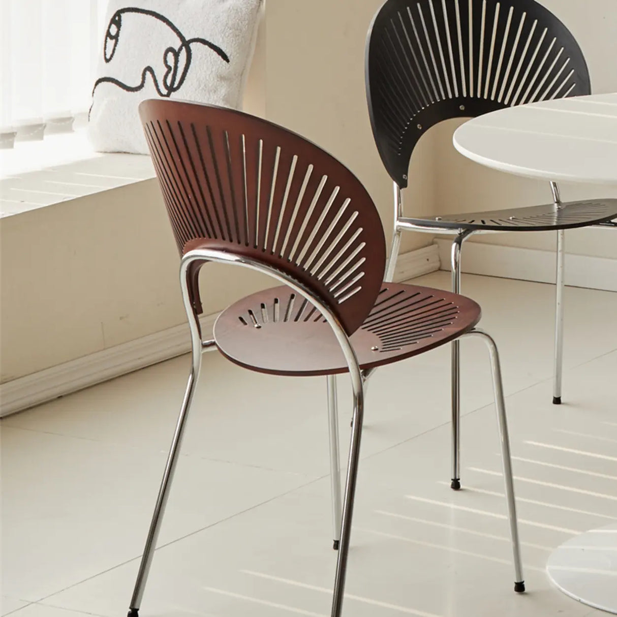 Wood Hollow Fan-Shaped Open Back Dining Chair Nut-Brown Image - 3